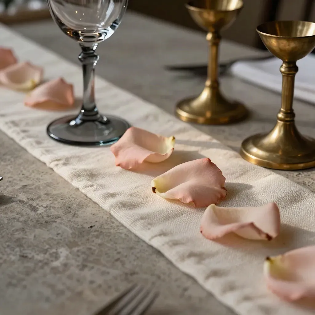 Bruiloftstafel met linnen, rozen, rookglas en messing kaarsen in een stenen zaal