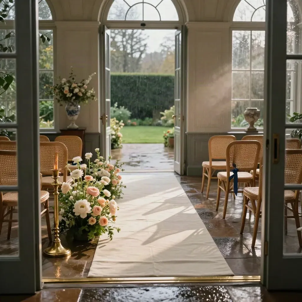Bruiloftsopstelling in een orangerie met linnen looppad, blush bloemen en open eiken deuren.