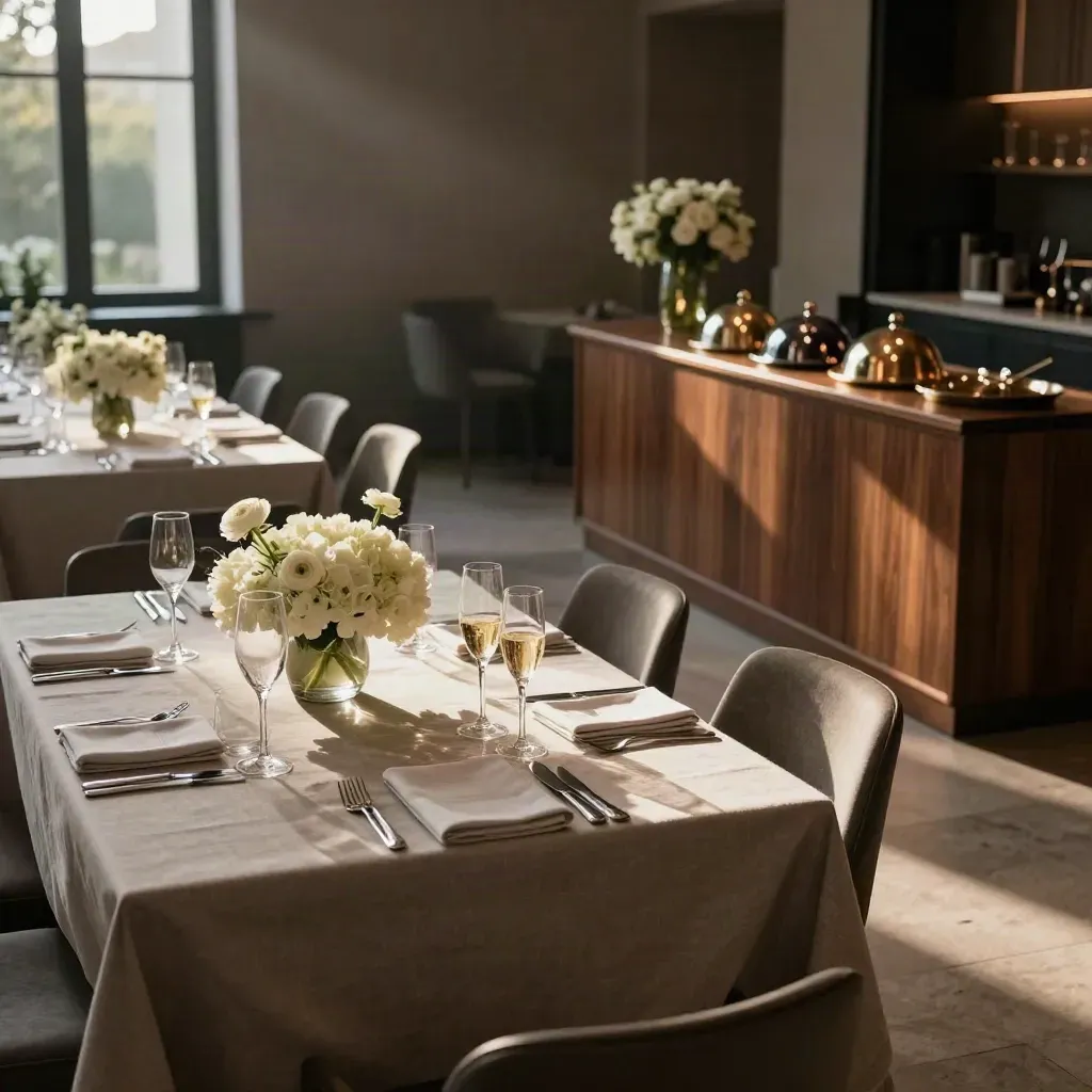 Zakelijke dinertafels met witte bloemen, glaswerk en donkere serviewagen in warm licht