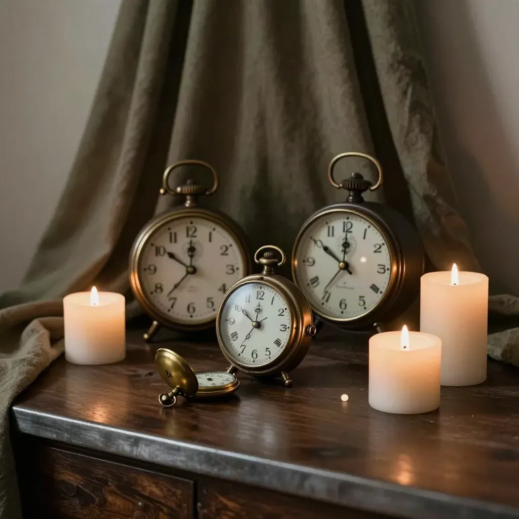 Antieke klokken, zakhorloge en kaarsen op een backstage-tafel in warme dramatische schaduw.