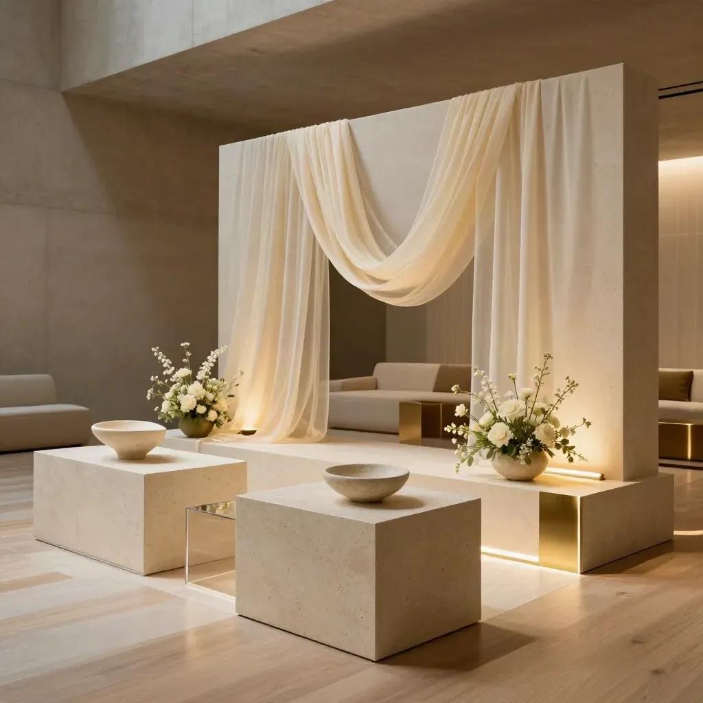 Stijlvolle launchlounge met travertijnen zuilen, voile, lage bloemen en warme champagneverlichting.