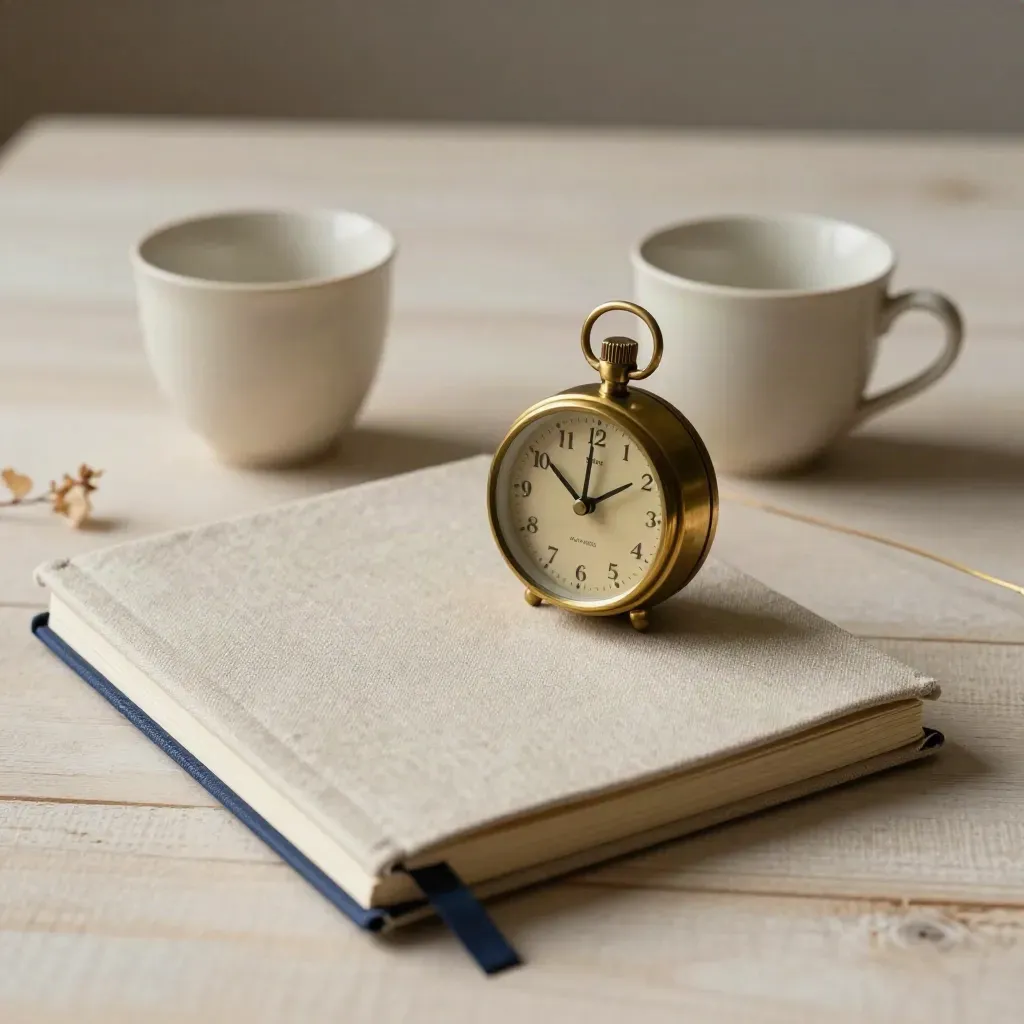 Twee kopjes, een linnen notitieboek en een brass timer op licht hout in zacht zijlicht.