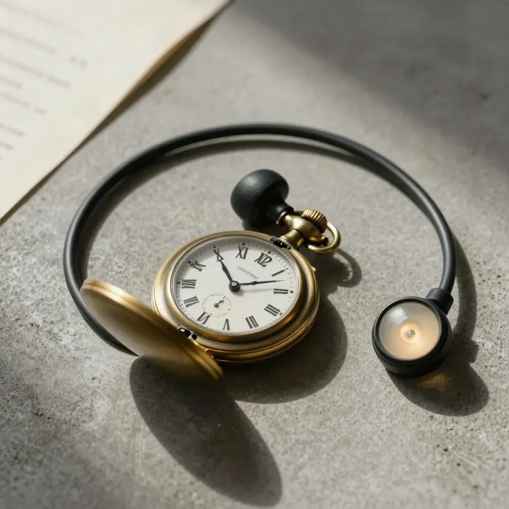 Brass zakhorloge, headset en kabel op beton met zacht licht voor dagregie