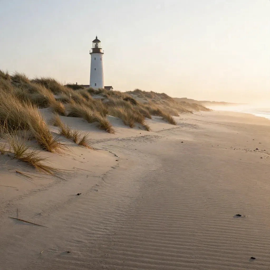Duinlandschap in Noord-Holland met vuurtoren, helmgras, nat zand en zachte ochtendmist.