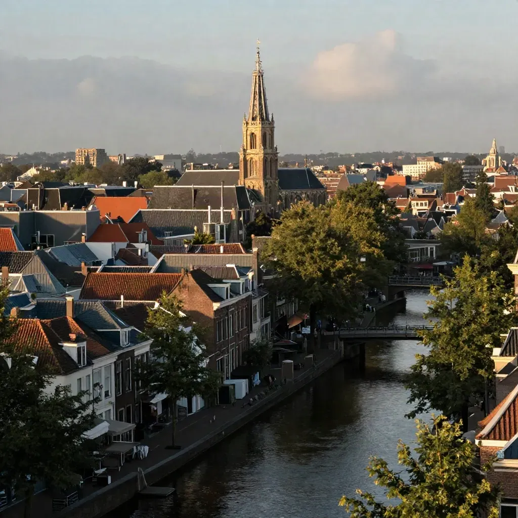 De Domtoren boven Utrecht in zachte avondnevel met rustige grachten en daken.